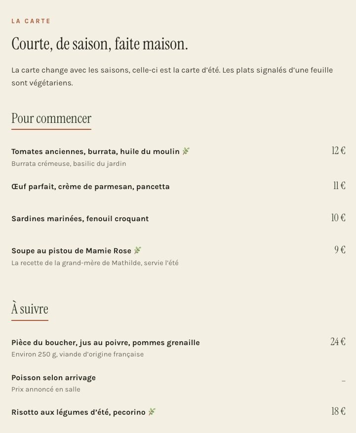Carte du restaurant Le Lavoir, menu d'été fait maison
