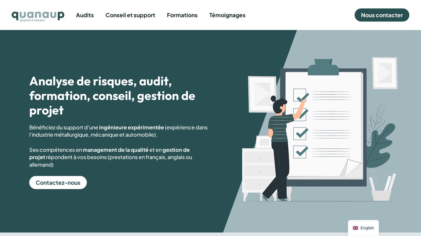 Page d'accueil du site QuanauP, consultante qualité