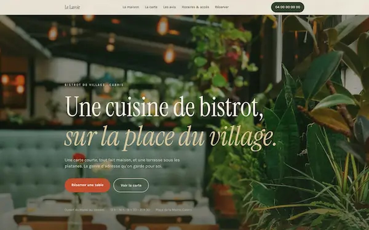 Page d'accueil du site de démonstration Le Lavoir, bistrot de village à Cabris