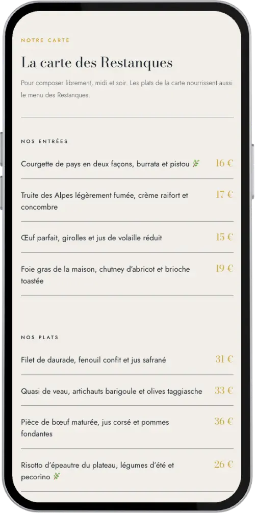 carte les restanques Carte du restaurant Les Restanques affichée sur smartphone