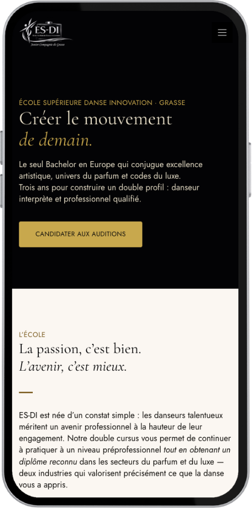 Site web ES-DI École Supérieure Danse Innovation affiché sur mobile